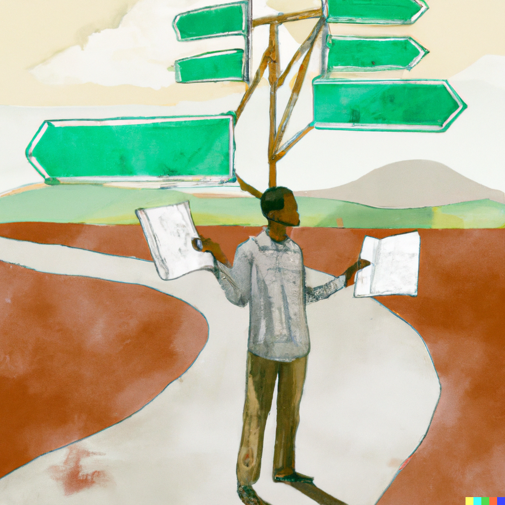 Image shows a paiting generated by DALL-E of a man standing at a crossroads holding stacks of papers