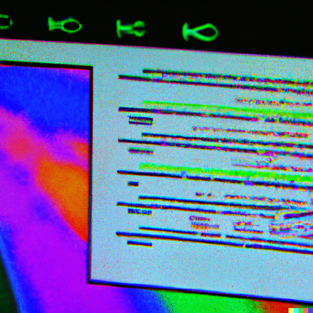 Image shows an artistic rendering generated by DALL-E of something like a computer screen with a document being edited