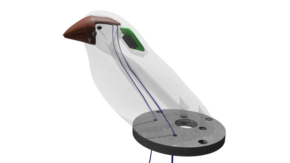 Image shows a 3D render of a transparent artificial bird with various features visible inside