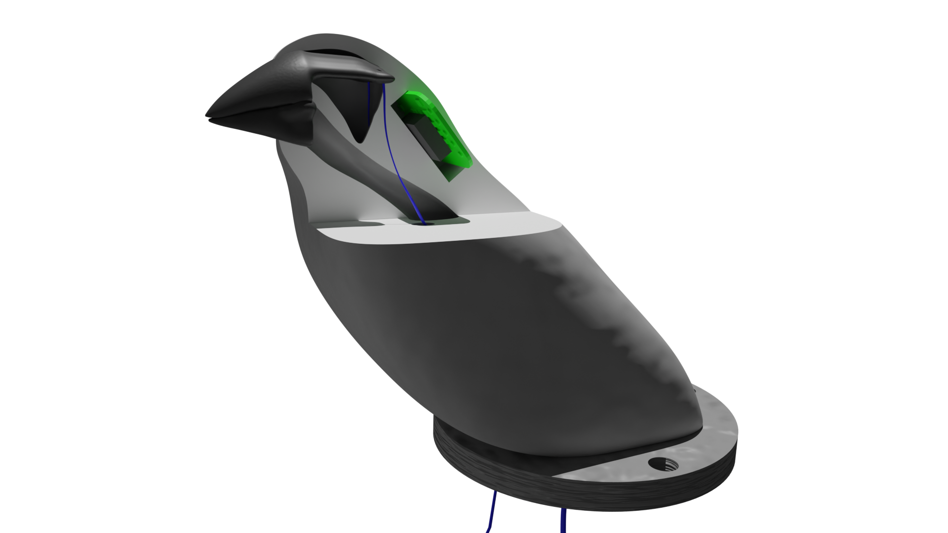 Image shows a 3D render of an artificial bird with a cutaway showing various features inside