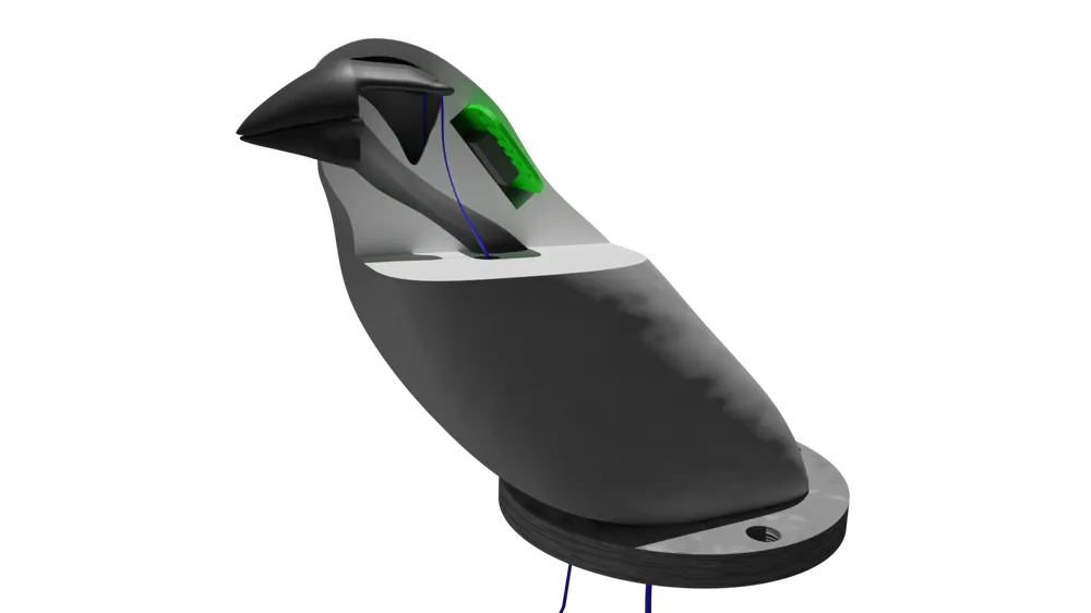 Image shows a 3D render of an artificial bird with a cutaway showing various features inside