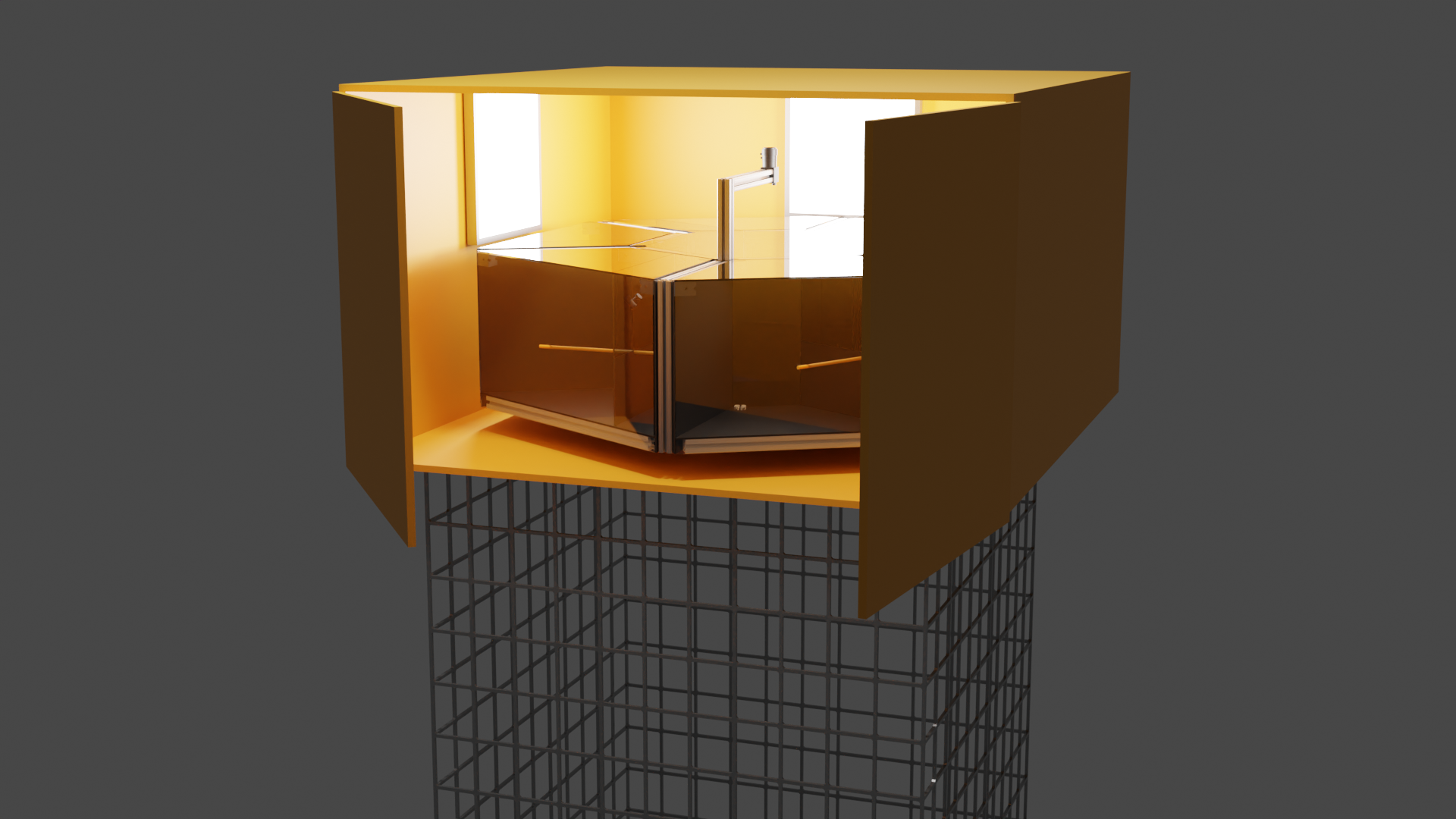 Image shows a 3D render of an experimental setup consisting of a cage, with a large box on top with doors open and lights inside, and a hexagonal acrylic enclosure with a camera pointing upwards at a mirror.