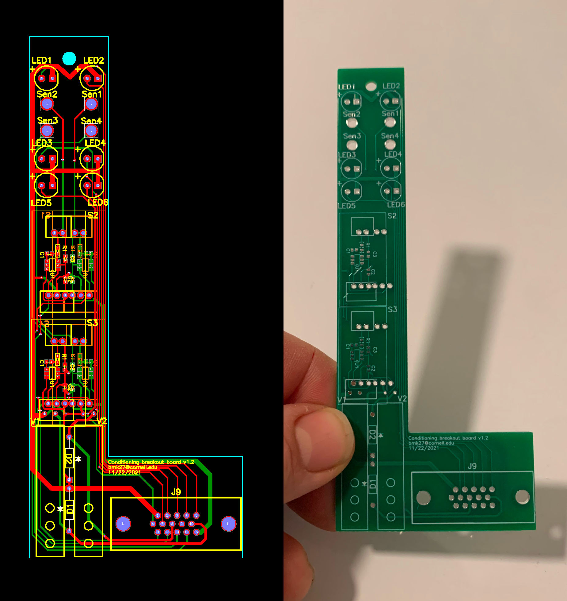 Image shows a PCB design on the left, and a photo of the fabricated PCB on the right