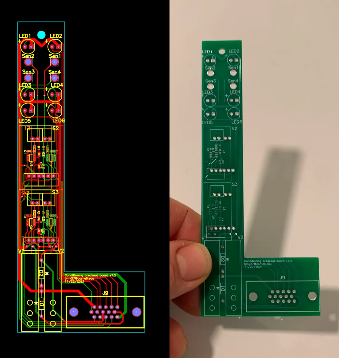 Image shows a PCB design on the left, and a photo of the fabricated PCB on the right
