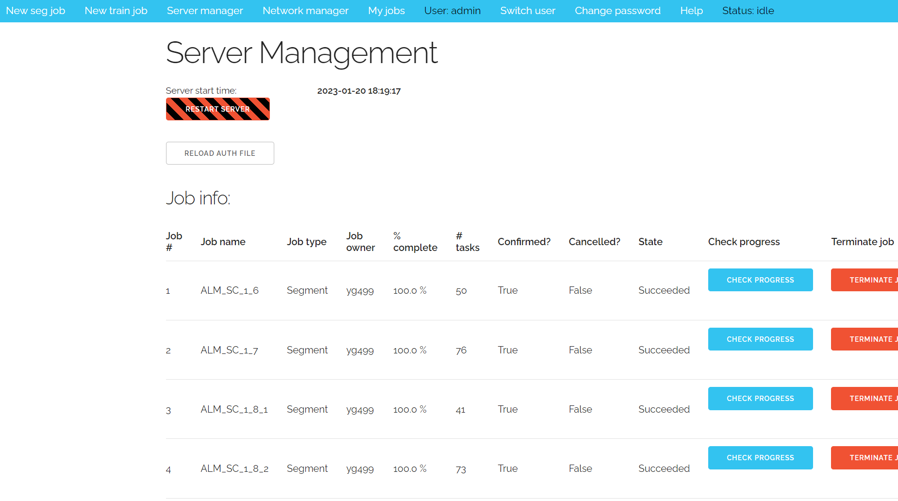 Image shows a screenshot of the client view of the web application, showing a page where various jobs can be managed